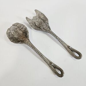 Vintage Arthur Court Signed Aluminum Elephant Themed Salad Serving Set Utensils